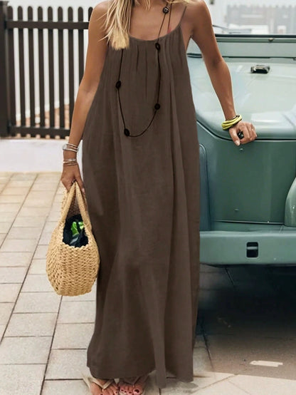 👗50%off👗Women Solid Ice Silk Ruched Backless Slip Dress, Pleated Sleeveless Nightgown Mini & Long Sleep Dress