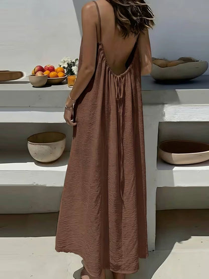 👗50%off👗Women Solid Ice Silk Ruched Backless Slip Dress, Pleated Sleeveless Nightgown Mini & Long Sleep Dress