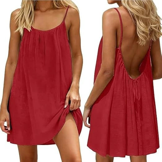 👗50%off👗Women Solid Ice Silk Ruched Backless Slip Dress, Pleated Sleeveless Nightgown Mini & Long Sleep Dress