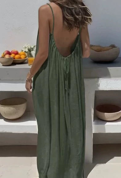 👗50%off👗Women Solid Ice Silk Ruched Backless Slip Dress, Pleated Sleeveless Nightgown Mini & Long Sleep Dress