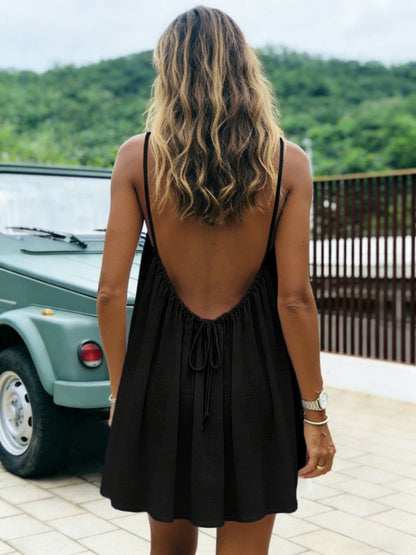 👗50%off👗Women Solid Ice Silk Ruched Backless Slip Dress, Pleated Sleeveless Nightgown Mini & Long Sleep Dress