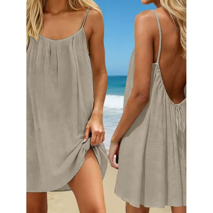 👗50%off👗Women Solid Ice Silk Ruched Backless Slip Dress, Pleated Sleeveless Nightgown Mini & Long Sleep Dress