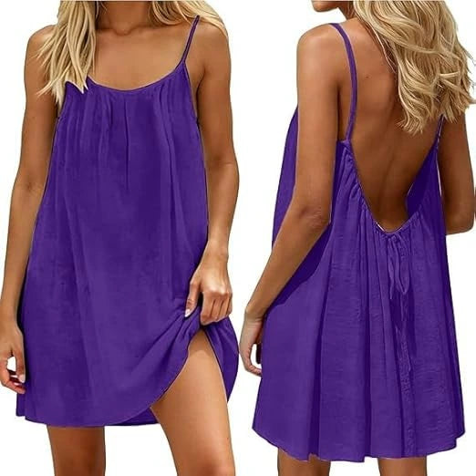 👗50%off👗Women Solid Ice Silk Ruched Backless Slip Dress, Pleated Sleeveless Nightgown Mini & Long Sleep Dress