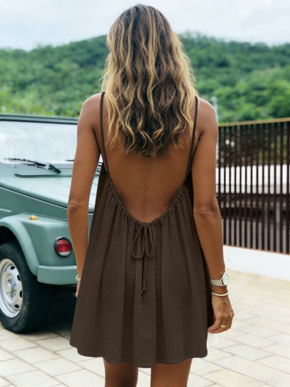 👗50%off👗Women Solid Ice Silk Ruched Backless Slip Dress, Pleated Sleeveless Nightgown Mini & Long Sleep Dress