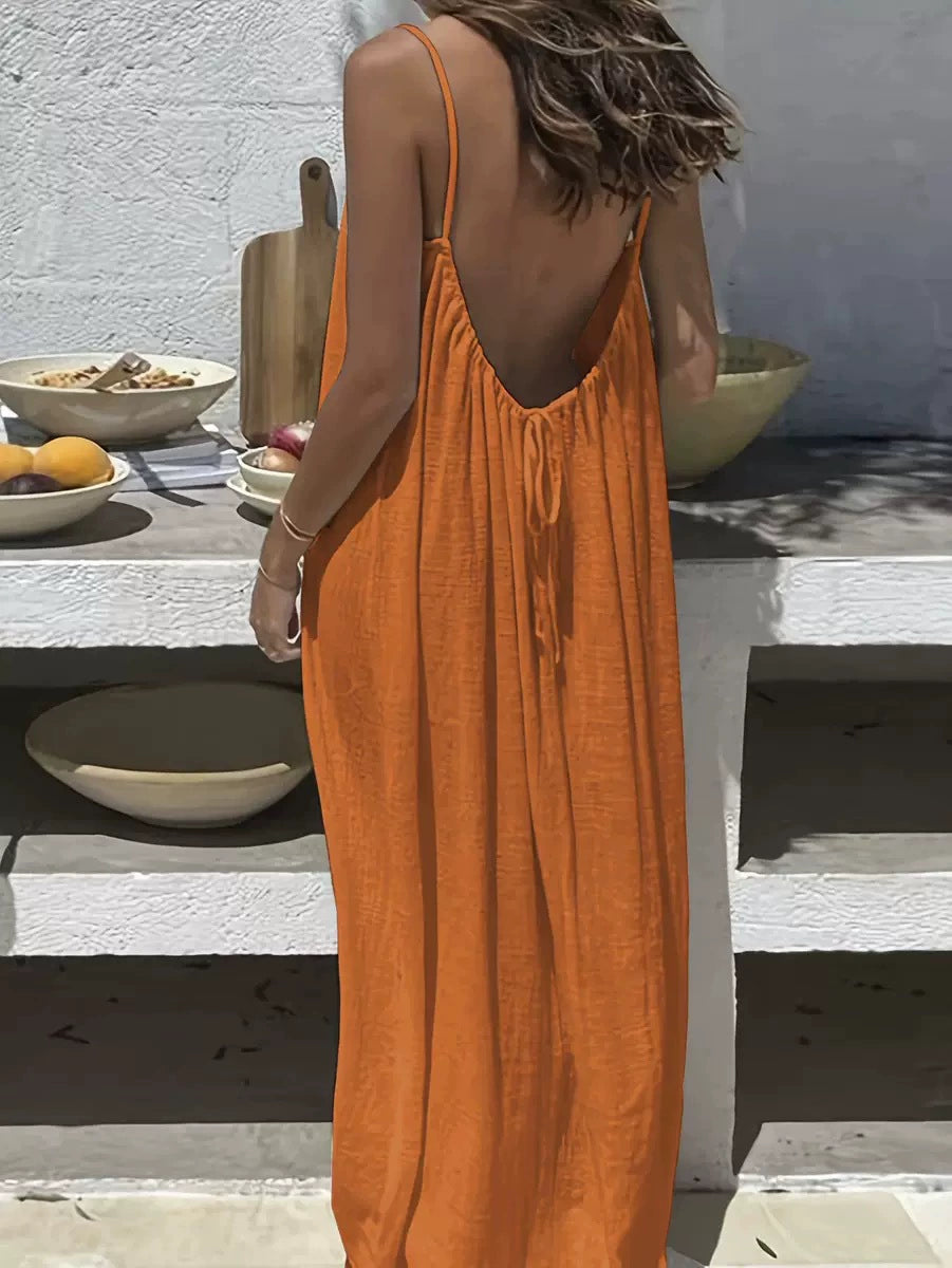 👗50%off👗Women Solid Ice Silk Ruched Backless Slip Dress, Pleated Sleeveless Nightgown Mini & Long Sleep Dress