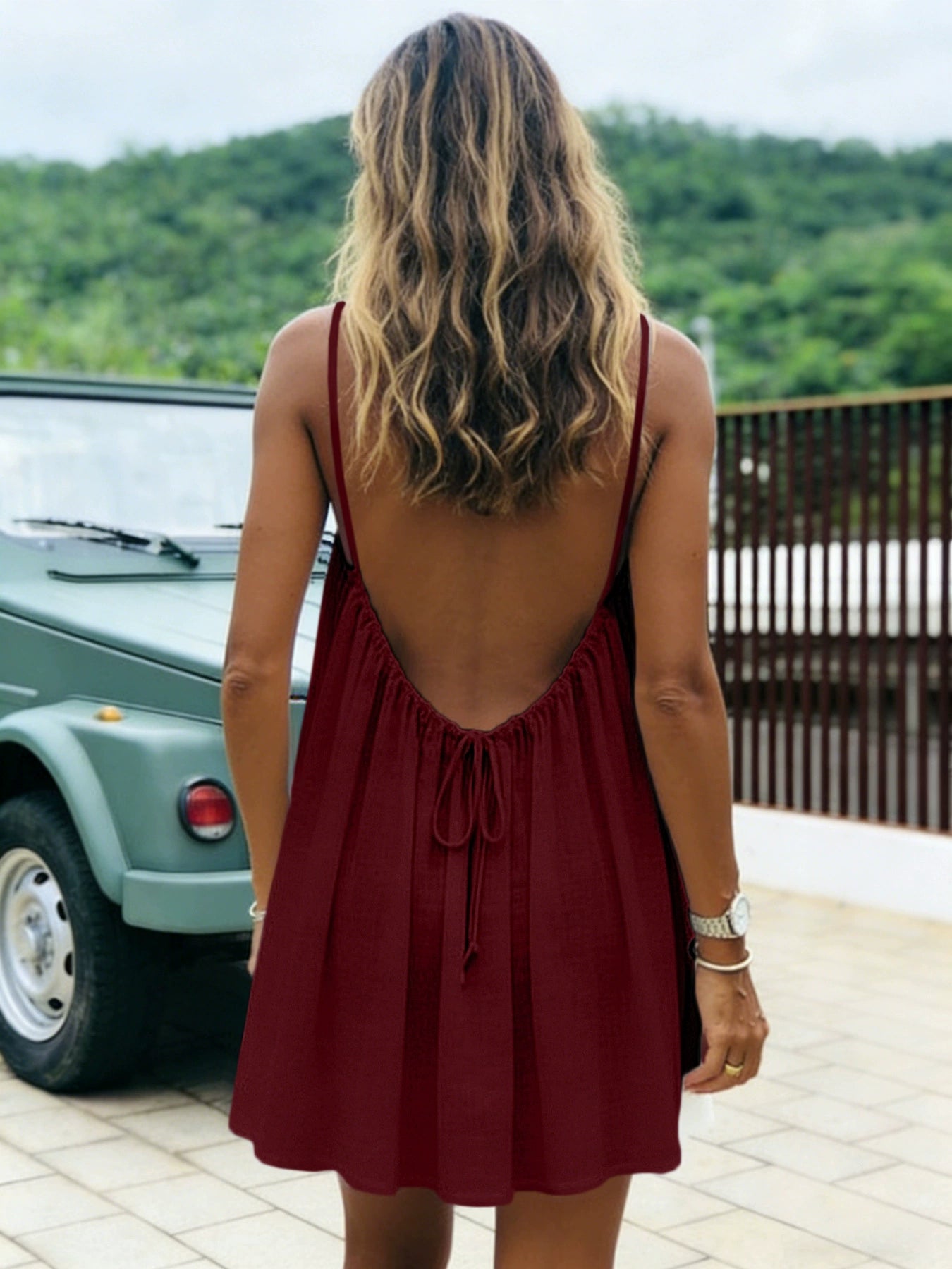 👗50%off👗Women Solid Ice Silk Ruched Backless Slip Dress, Pleated Sleeveless Nightgown Mini & Long Sleep Dress