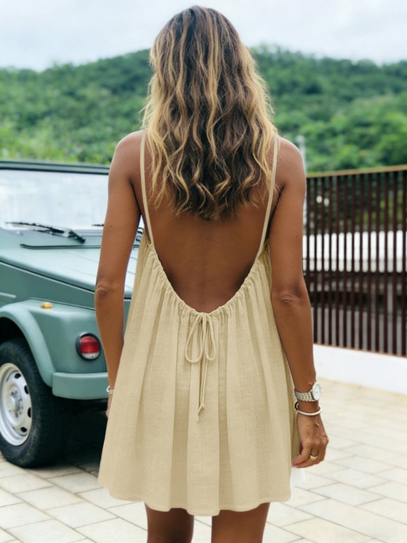 👗50%off👗Women Solid Ice Silk Ruched Backless Slip Dress, Pleated Sleeveless Nightgown Mini & Long Sleep Dress