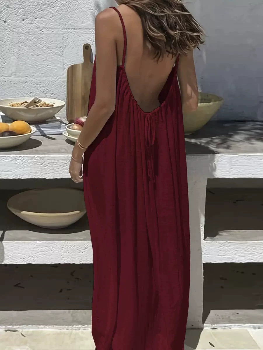👗50%off👗Women Solid Ice Silk Ruched Backless Slip Dress, Pleated Sleeveless Nightgown Mini & Long Sleep Dress