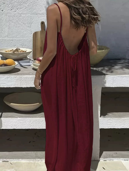 👗50%off👗Women Solid Ice Silk Ruched Backless Slip Dress, Pleated Sleeveless Nightgown Mini & Long Sleep Dress