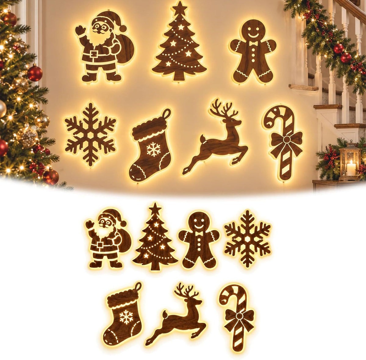 🦌 7-Piece Glowing Reindeer Wall Decor – Warm Christmas Flying Reindeer Light Set