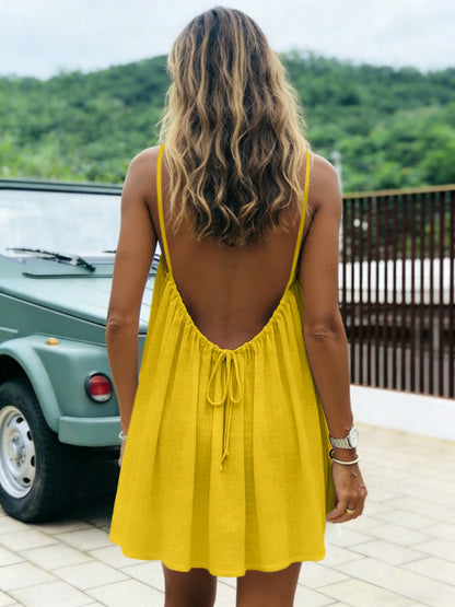 👗50%off👗Women Solid Ice Silk Ruched Backless Slip Dress, Pleated Sleeveless Nightgown Mini & Long Sleep Dress