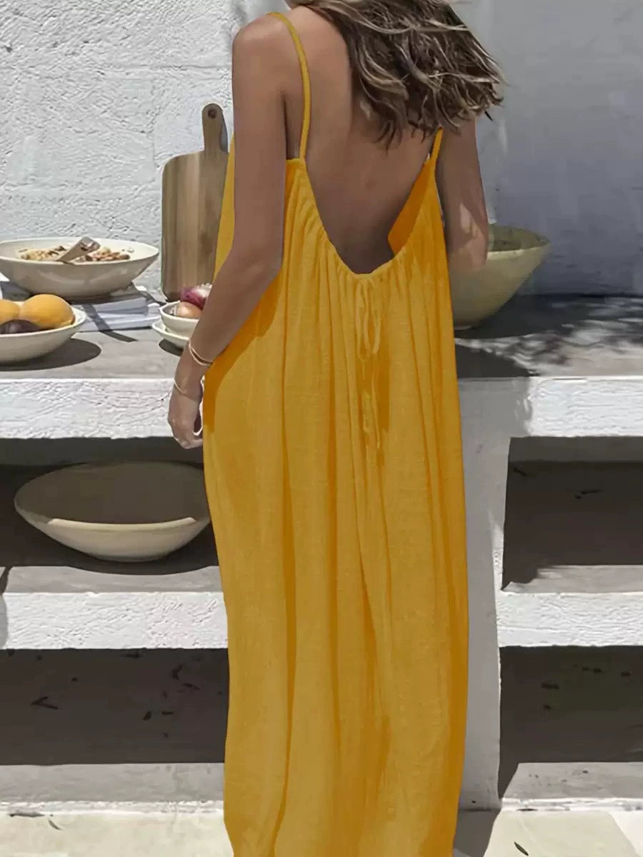 👗50%off👗Women Solid Ice Silk Ruched Backless Slip Dress, Pleated Sleeveless Nightgown Mini & Long Sleep Dress