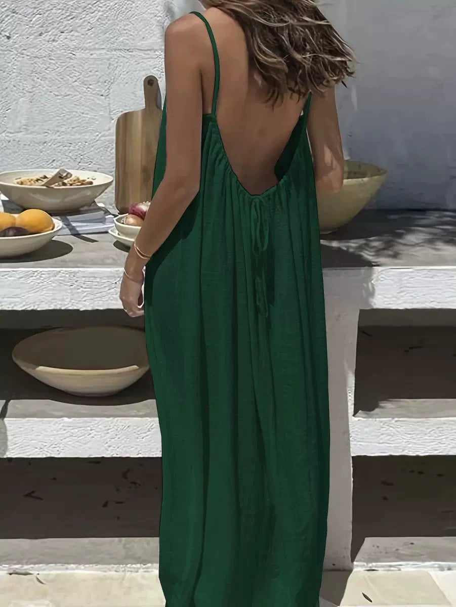 👗50%off👗Women Solid Ice Silk Ruched Backless Slip Dress, Pleated Sleeveless Nightgown Mini & Long Sleep Dress