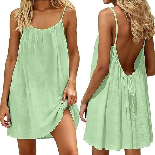 👗50%off👗Women Solid Ice Silk Ruched Backless Slip Dress, Pleated Sleeveless Nightgown Mini & Long Sleep Dress