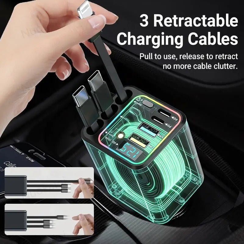 ✨ 7-in-1 Retractable Car Charger with Star Projector & 120W Fast Charge