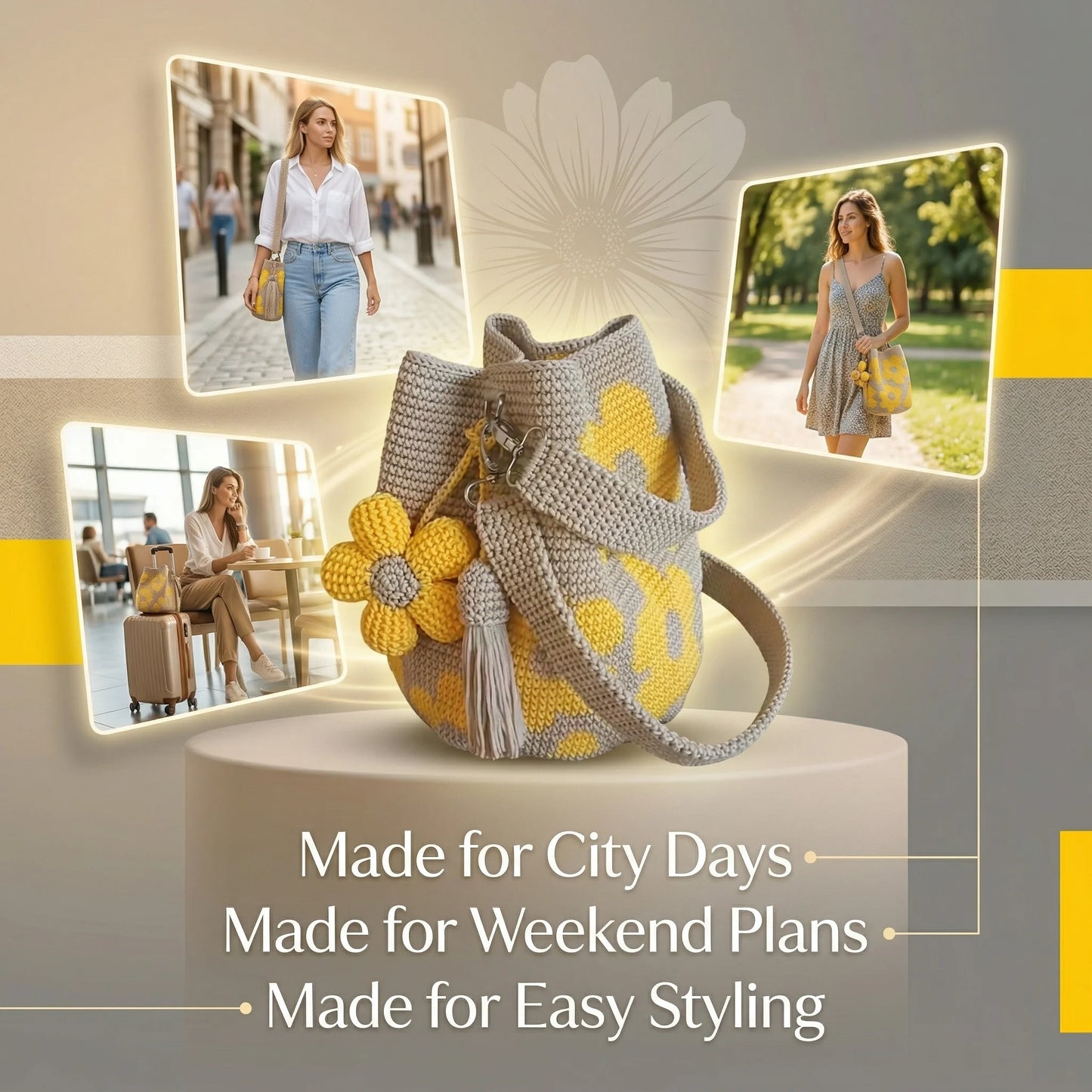 ✨50%off 🎁✨Spacious Knit Flower Bucket Bag - Handmade Crochet Tote with Reinforced Hardware, Comfort Wide Strap Purse for Coffee Runs & City Days