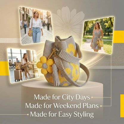 ✨50%off 🎁✨Spacious Knit Flower Bucket Bag - Handmade Crochet Tote with Reinforced Hardware, Comfort Wide Strap Purse for Coffee Runs & City Days