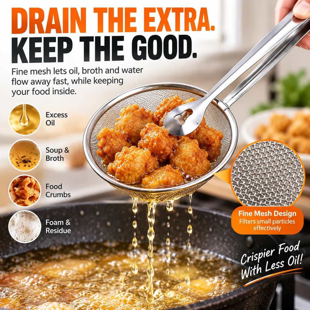 🔥Free Fish Frying Clip🔥2-in-1 Stainless Steel Strainer Tongs