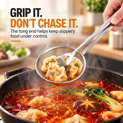 🔥Free Fish Frying Clip🔥2-in-1 Stainless Steel Strainer Tongs