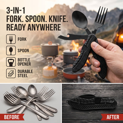 🍴Must-have for outdoor trips 🥄4-In-1 Outdoor Folding Multifunctional Tableware Stainless steel camping disassembled cutlery set