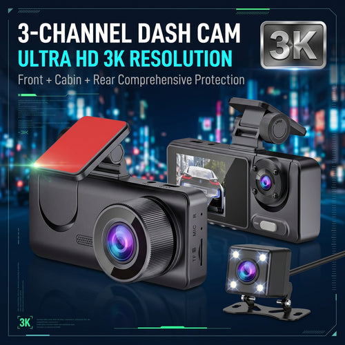 🔥Hot Selling✨Three-channel dashcam, 3K+1080P+1080P, 24/7 all-weather high-color WiFi 6, GPS tracking dashcam
