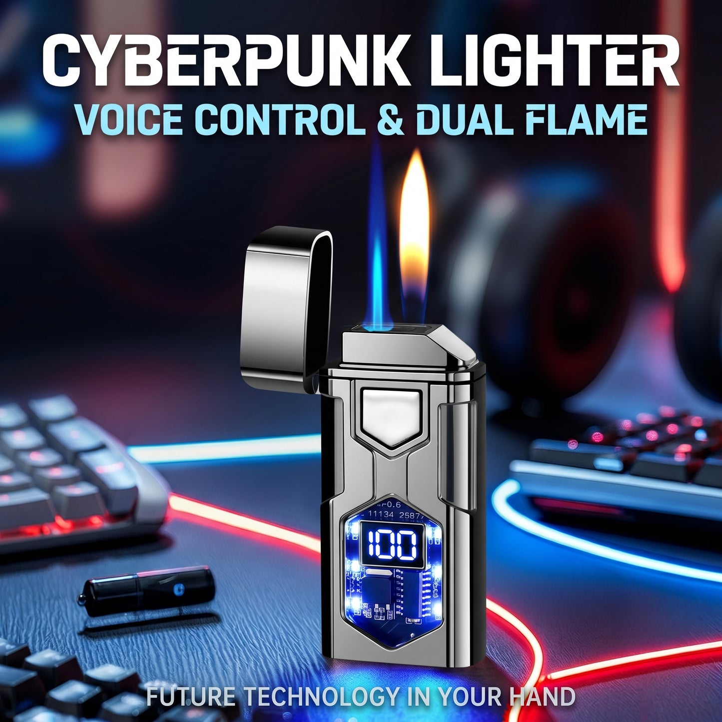 🔥50%off🔥Smart Voice-Control Lighter - Cyberpunk Dual Flame Torch Lighter, Type-C Rechargeable Windproof Electric Lighter