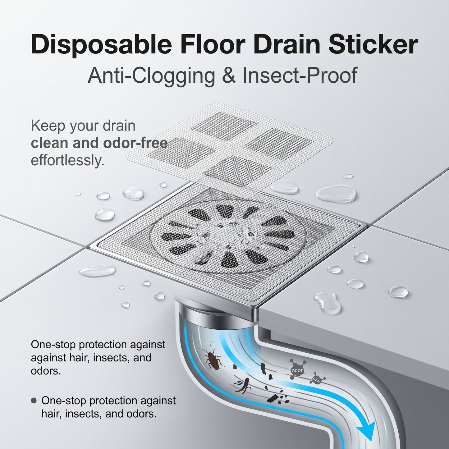 ✨50%off✨Disposable Shower Drain Hair Catcher | 10x10cm Waterproof Mesh Stickers for Bathroom & Kitchen (50/100 Pack)