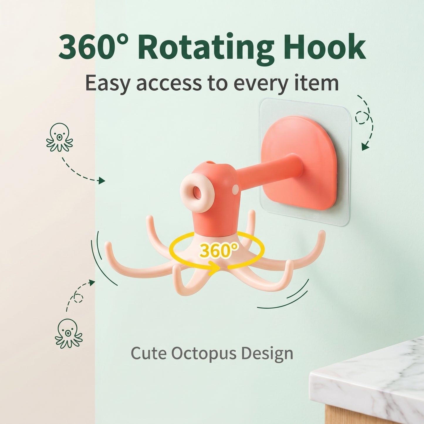 ✨50%off✨360° Rotating Octopus Wall Hooks | Damage-Free Under-Cabinet Utensil Organizer for Kitchen & Bathroom (2/4/6 Pack)