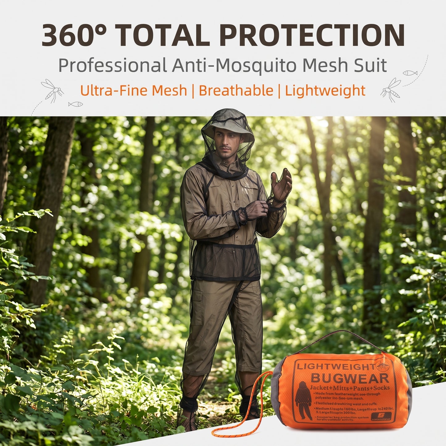 ✨50%off🦟4-Piece Ultra-Light Anti-Mosquito Mesh Suit | High-Visibility No-See-Um Mesh Jacket, Pants, Gloves & Socks Set | Adjustable Breathable Bug Gear for Camping, Fishing & Outdoor Hiking