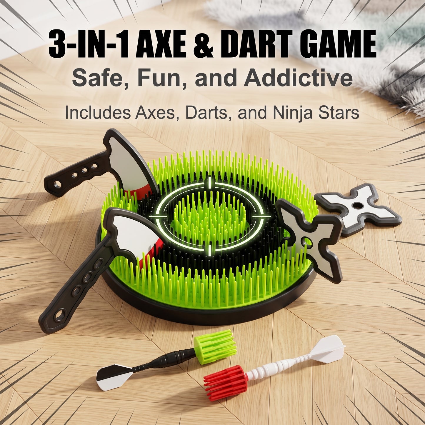✨50%off✨Safe 3-in-1 Kids Dart Board Set | Innovative Bristle Target with Toy Throwing Axes, Ninja Stars & Darts | 100% Damage-Free Indoor & Outdoor Target Game for Boys & Girls