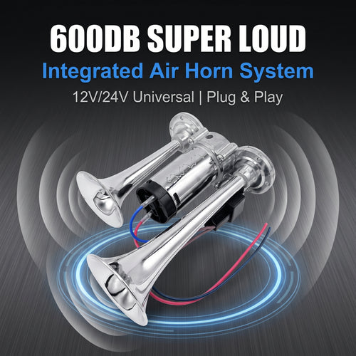 🔥50%off🔥Super Loud 600DB Train Horn for Cars & Trucks | TZ309-2 Dual Trumpet Integrated Air Snail Horn with 12V/24V Compressor | Waterproof Heavy-Duty Automotive Horn Kit