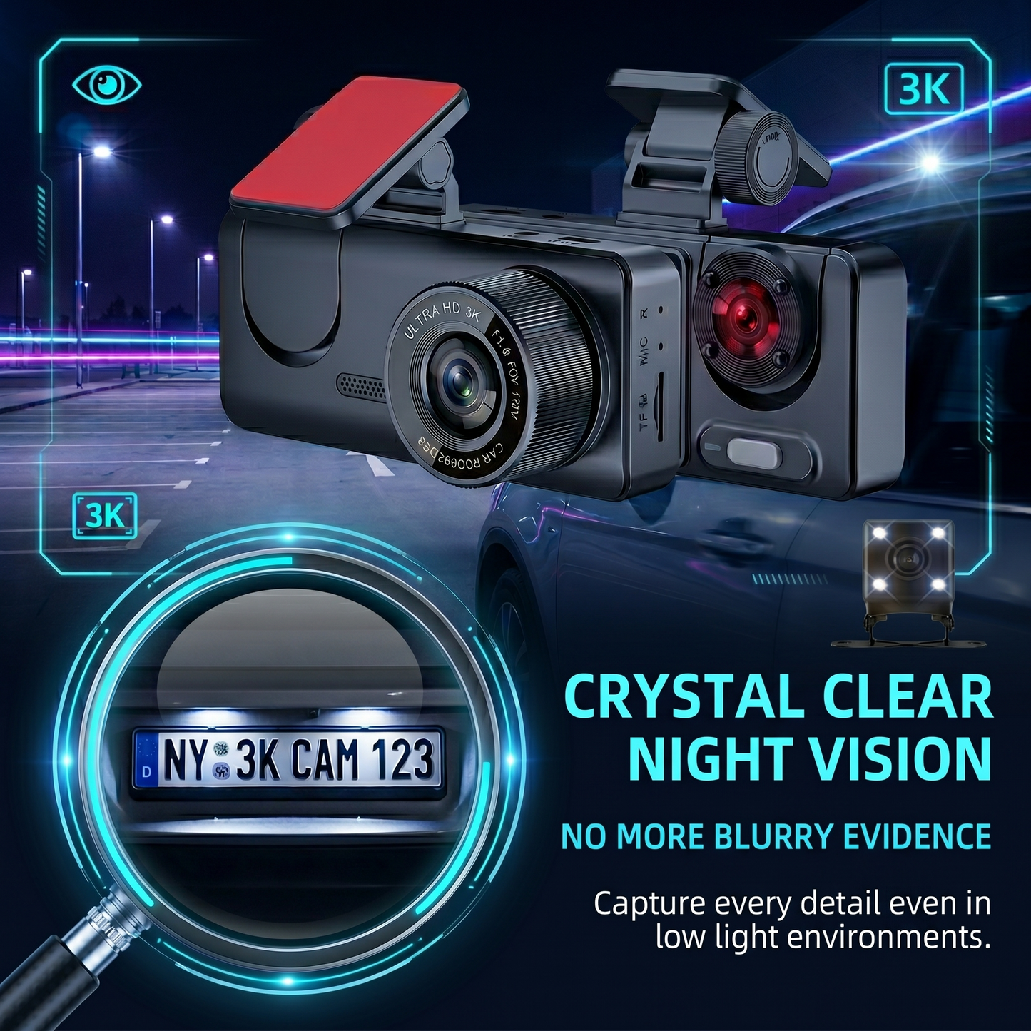 🔥Hot Selling✨Three-channel dashcam, 3K+1080P+1080P, 24/7 all-weather high-color WiFi 6, GPS tracking dashcam
