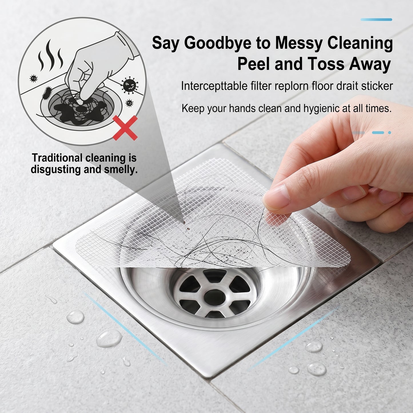 ✨50%off✨Disposable Shower Drain Hair Catcher | 10x10cm Waterproof Mesh Stickers for Bathroom & Kitchen (50/100 Pack)