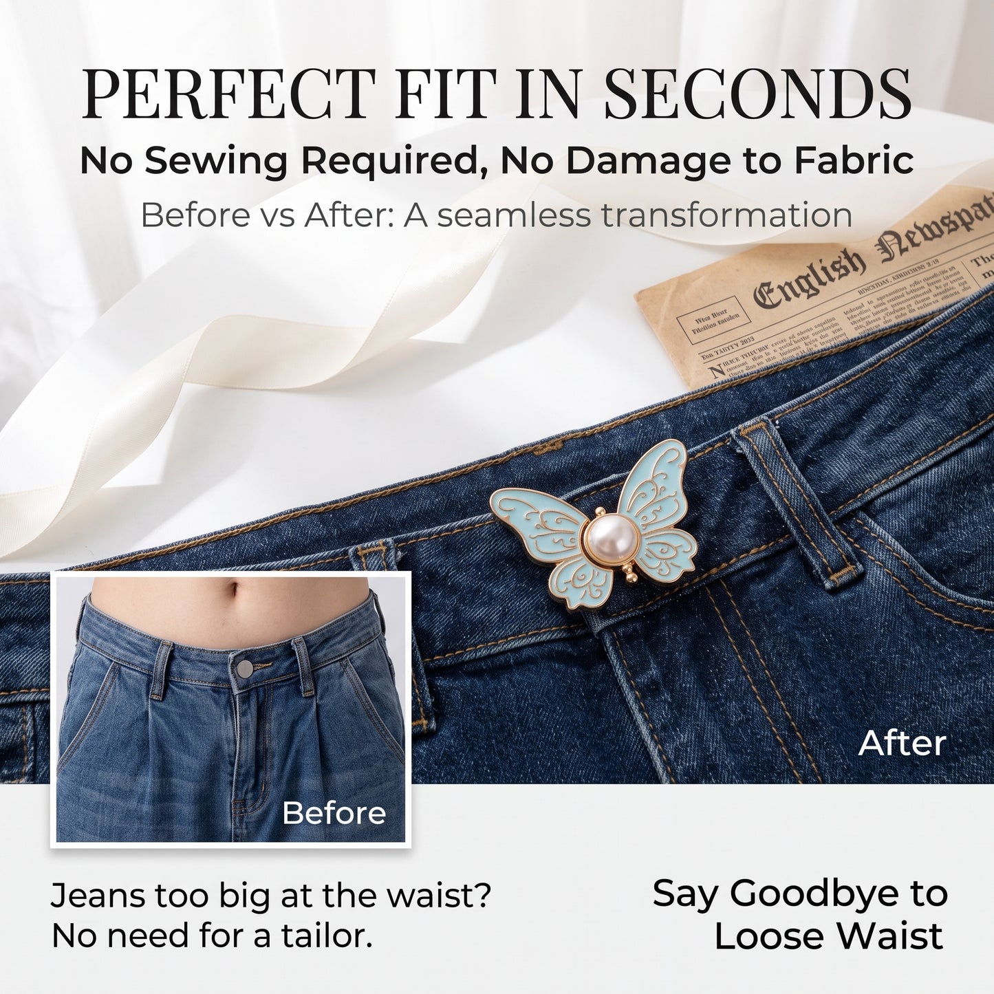 ✨Buy 1 Get 1 Free✨2-Piece Butterfly Pearl Waist Tightener Pins | No-Sew Detachable Adjustable Buckle Set for Jeans, Skirts & Pants | Instant Pants Waist Size Reducer Jewelry