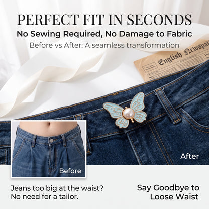 ✨Buy 1 Get 1 Free✨2-Piece Butterfly Pearl Waist Tightener Pins | No-Sew Detachable Adjustable Buckle Set for Jeans, Skirts & Pants | Instant Pants Waist Size Reducer Jewelry