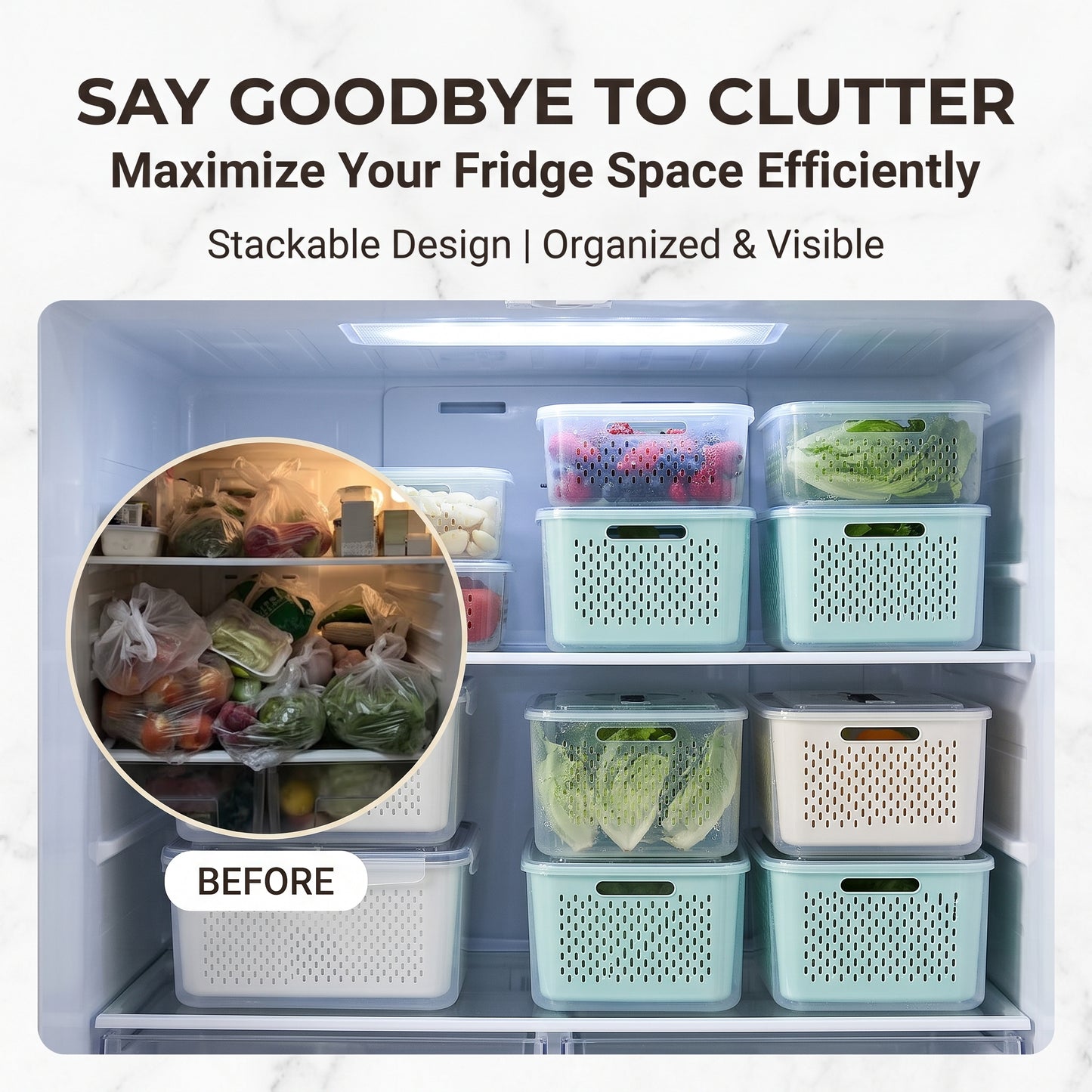 🔥Buy 1 Get 1 Free🔥Multi-Functional Fridge Storage Bin, Food-Grade Produce Saver with Drain Basket, Stackable Airtight Container with Handle