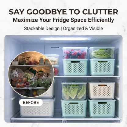 🔥Buy 1 Get 1 Free🔥Multi-Functional Fridge Storage Bin, Food-Grade Produce Saver with Drain Basket, Stackable Airtight Container with Handle