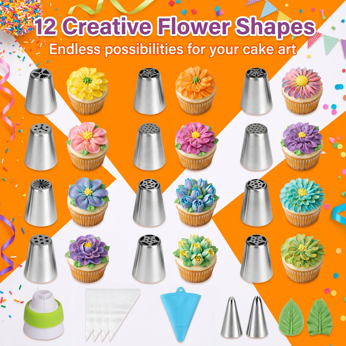 🍰 Enjoy 50% off now! 🔥 Flower-shaped piping tip set—perfect for DIY buttercream cake decorations featuring tulips and roses.