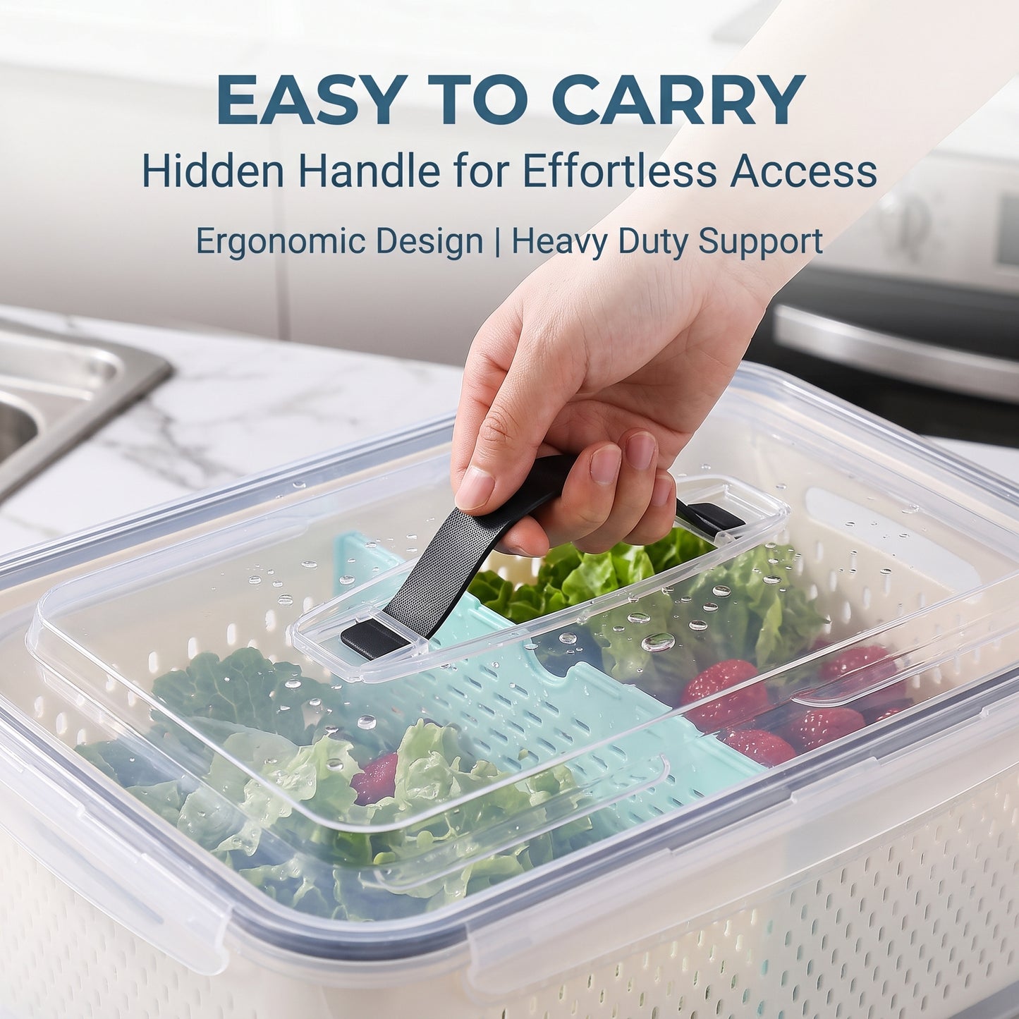 🔥Buy 1 Get 1 Free🔥Multi-Functional Fridge Storage Bin, Food-Grade Produce Saver with Drain Basket, Stackable Airtight Container with Handle