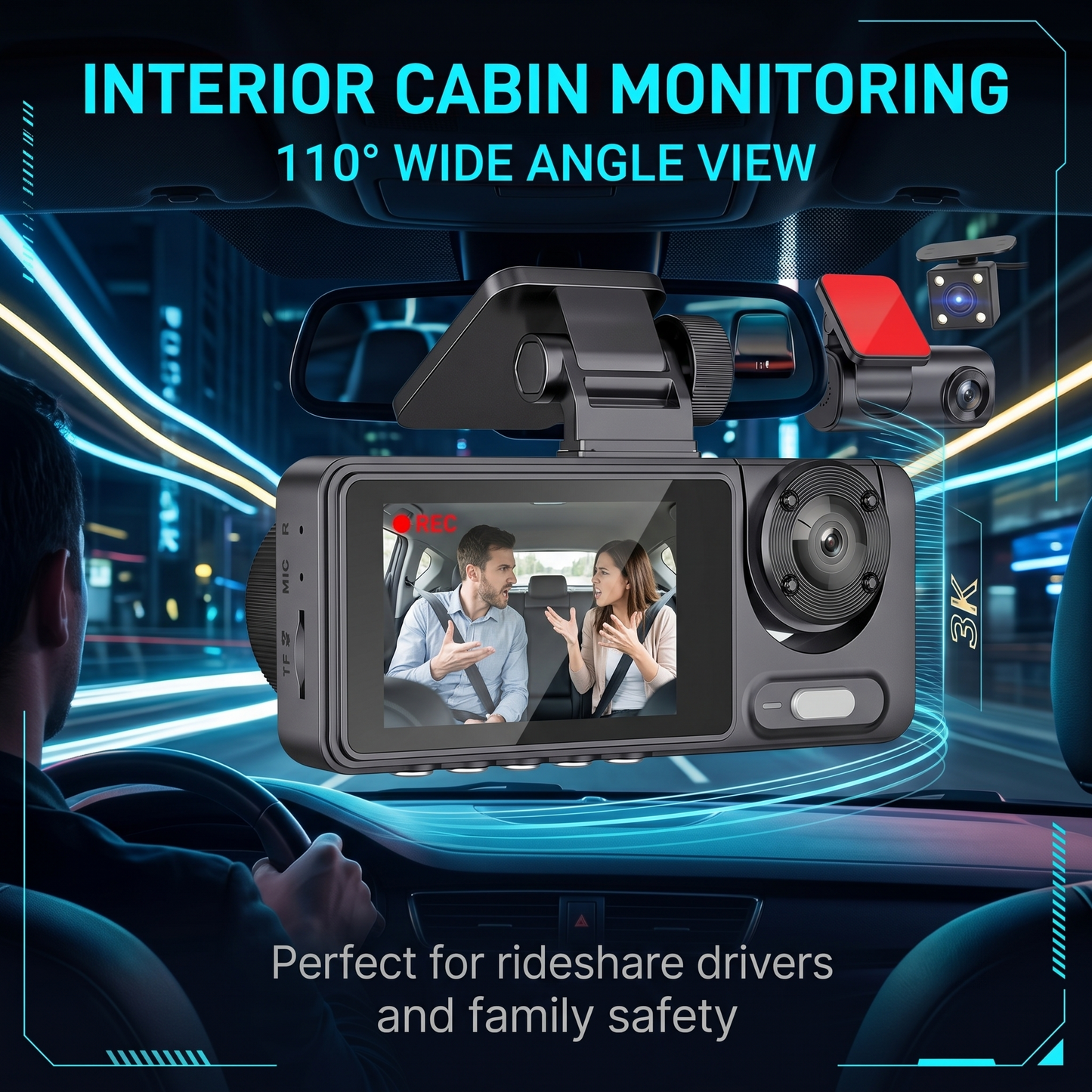 🔥Hot Selling✨Three-channel dashcam, 3K+1080P+1080P, 24/7 all-weather high-color WiFi 6, GPS tracking dashcam