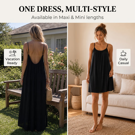👗50%off👗Women Solid Ice Silk Ruched Backless Slip Dress, Pleated Sleeveless Nightgown Mini & Long Sleep Dress