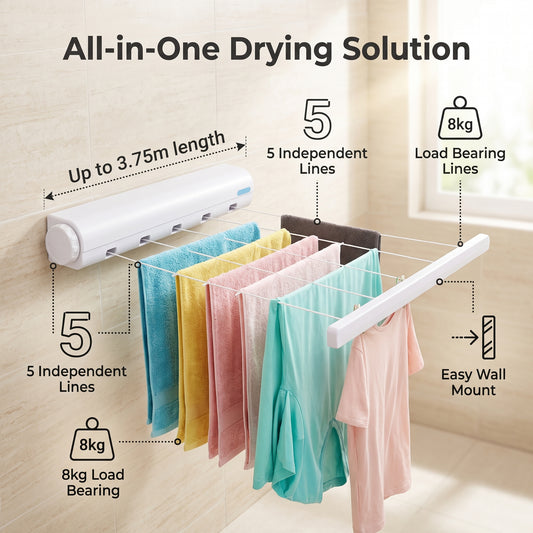 ✨50%off✨Spring Auto Retractable Clothes Line | 4/5 Strands Wall Drilling Laundry & Towel Hanger with Hooks