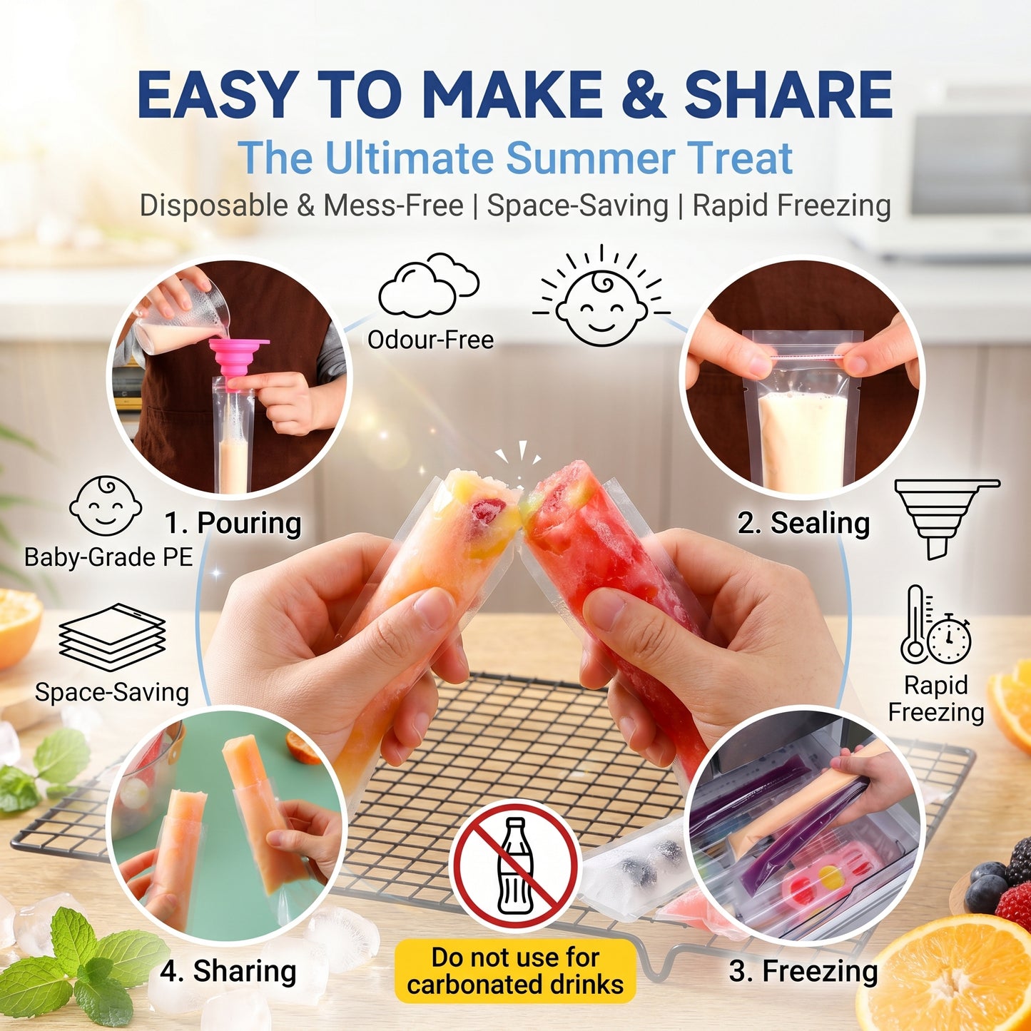 ✨50%off 🧊100% Non-Toxic Food-Grade Ice Popsicle Bags - Premium Pure PE Self-Sealing Ice Candy Pouches, Odorless & Safe DIY Freezing Trays for Baby Puree & Fruit Juice
