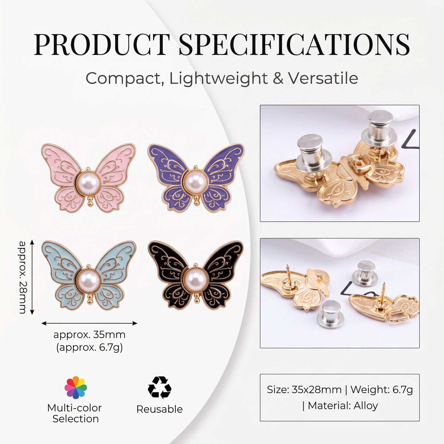 ✨Buy 1 Get 1 Free✨2-Piece Butterfly Pearl Waist Tightener Pins | No-Sew Detachable Adjustable Buckle Set for Jeans, Skirts & Pants | Instant Pants Waist Size Reducer Jewelry