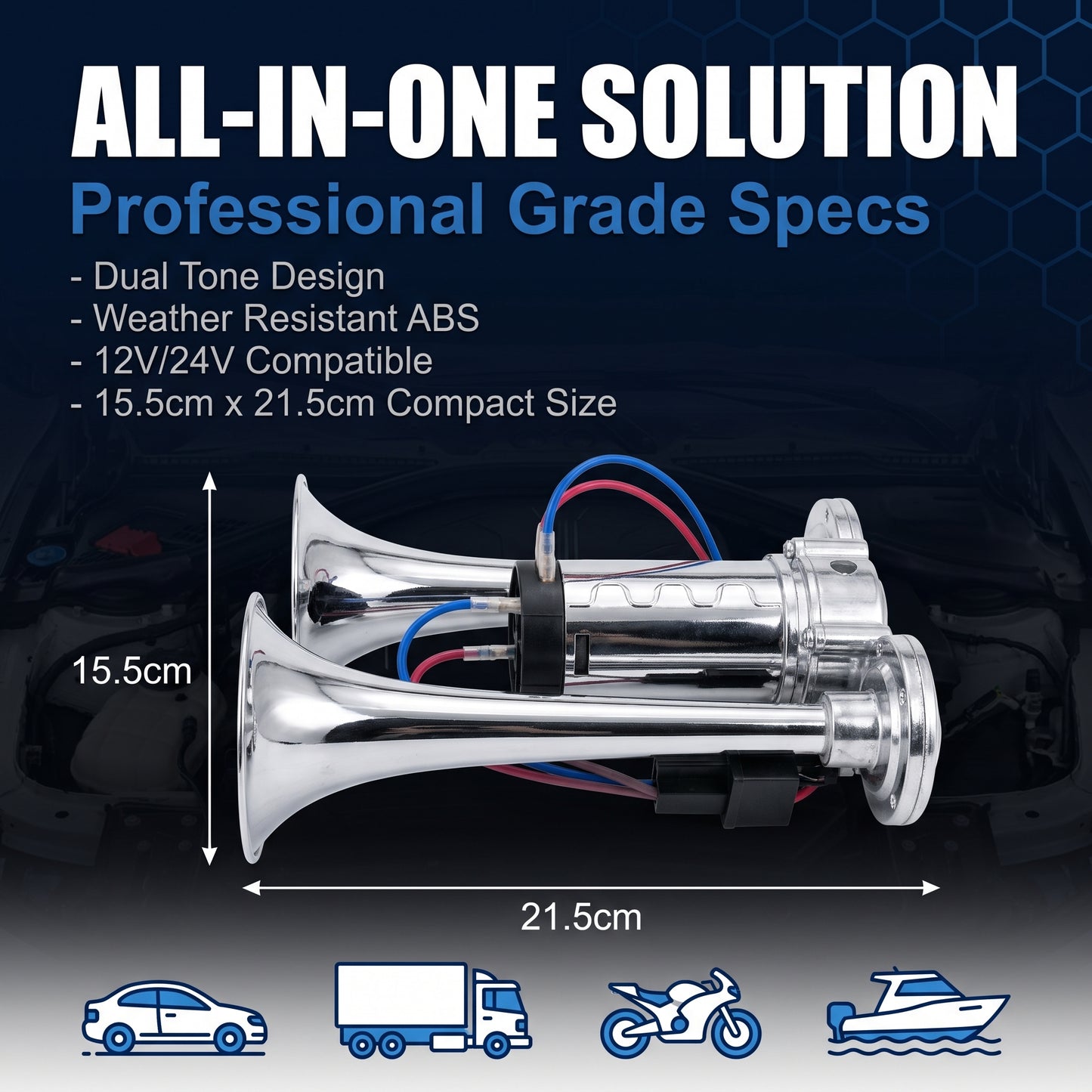 🔥50%off🔥Super Loud 600DB Train Horn for Cars & Trucks | TZ309-2 Dual Trumpet Integrated Air Snail Horn with 12V/24V Compressor | Waterproof Heavy-Duty Automotive Horn Kit