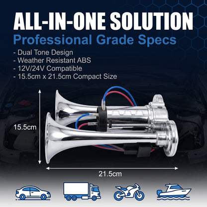 🔥50%off🔥Super Loud 600DB Train Horn for Cars & Trucks | TZ309-2 Dual Trumpet Integrated Air Snail Horn with 12V/24V Compressor | Waterproof Heavy-Duty Automotive Horn Kit