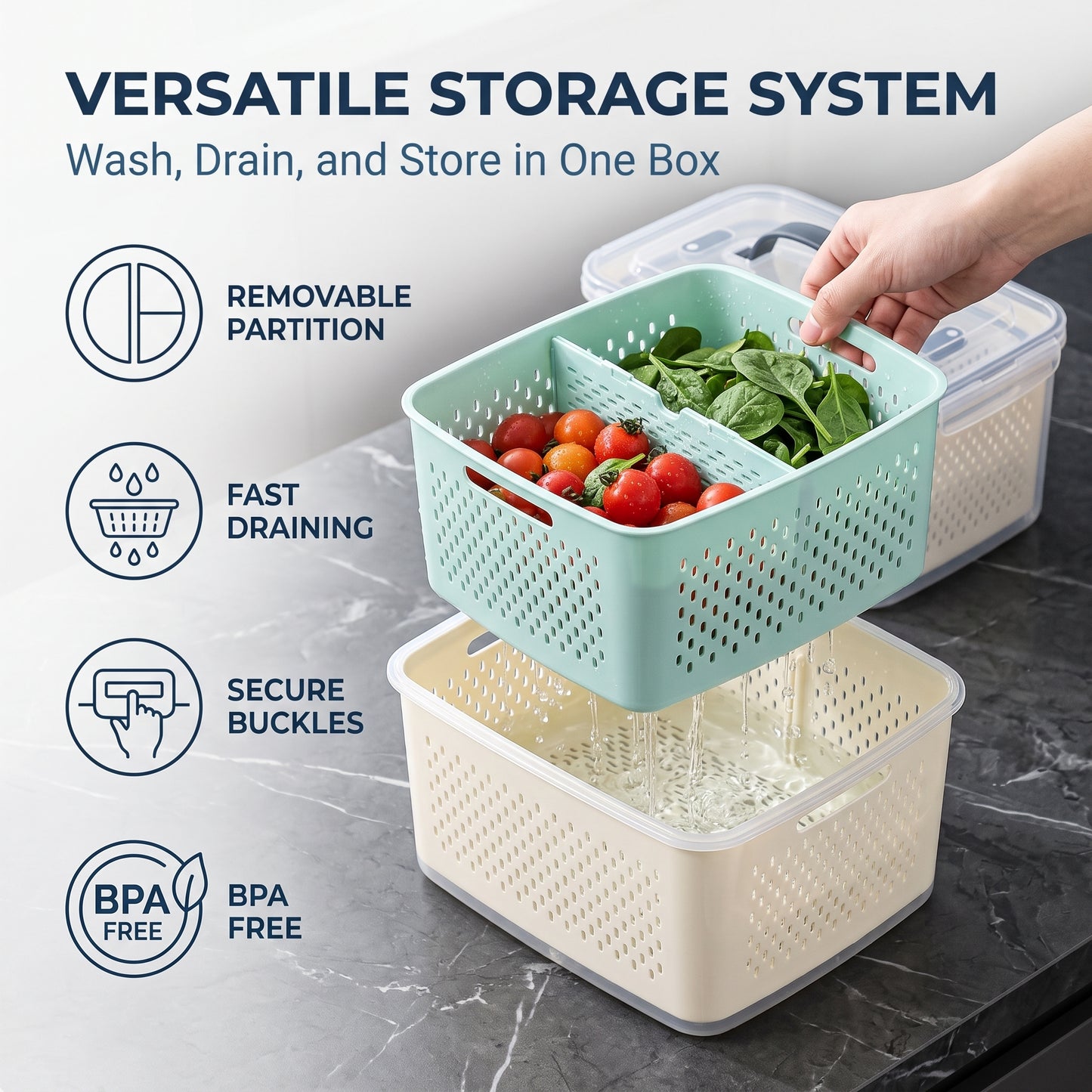 🔥Buy 1 Get 1 Free🔥Multi-Functional Fridge Storage Bin, Food-Grade Produce Saver with Drain Basket, Stackable Airtight Container with Handle