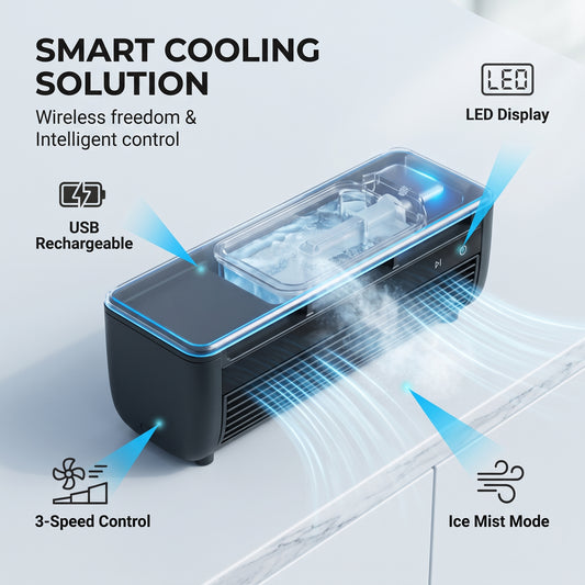 ✨50%off✨Wireless Cordless Air Cooler Fan | Punch-Free Wall-Mounted & Desktop Misting Fan | USB Rechargeable Portable Mini Air Conditioner with Ice Water Tank & Night Light