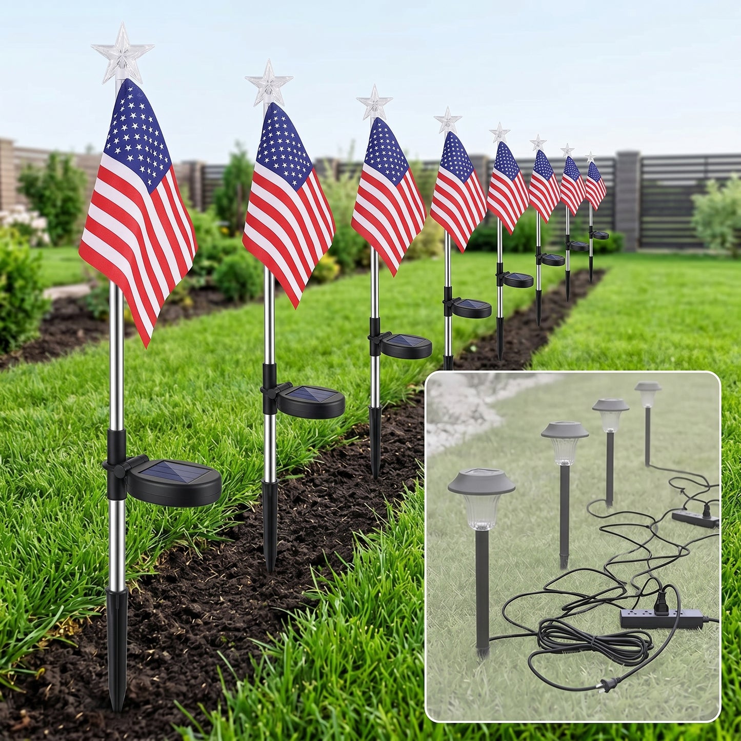 🔥50%off🗽 Factory of Solar Powered Independent National Flag LED Ground Plug Lights, Outdoor Waterproof Decorations for Courtyards and Gardens