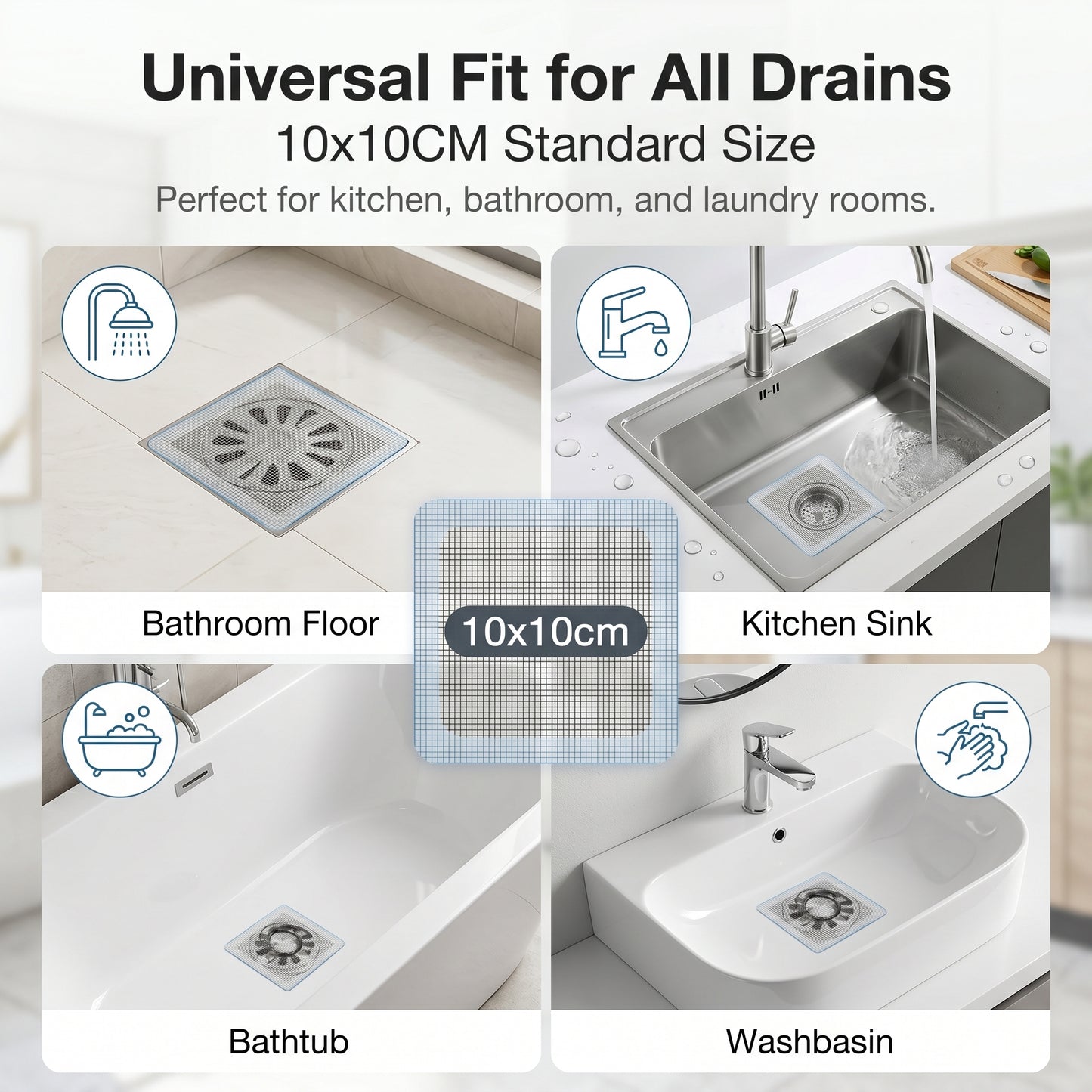 ✨50%off✨Disposable Shower Drain Hair Catcher | 10x10cm Waterproof Mesh Stickers for Bathroom & Kitchen (50/100 Pack)